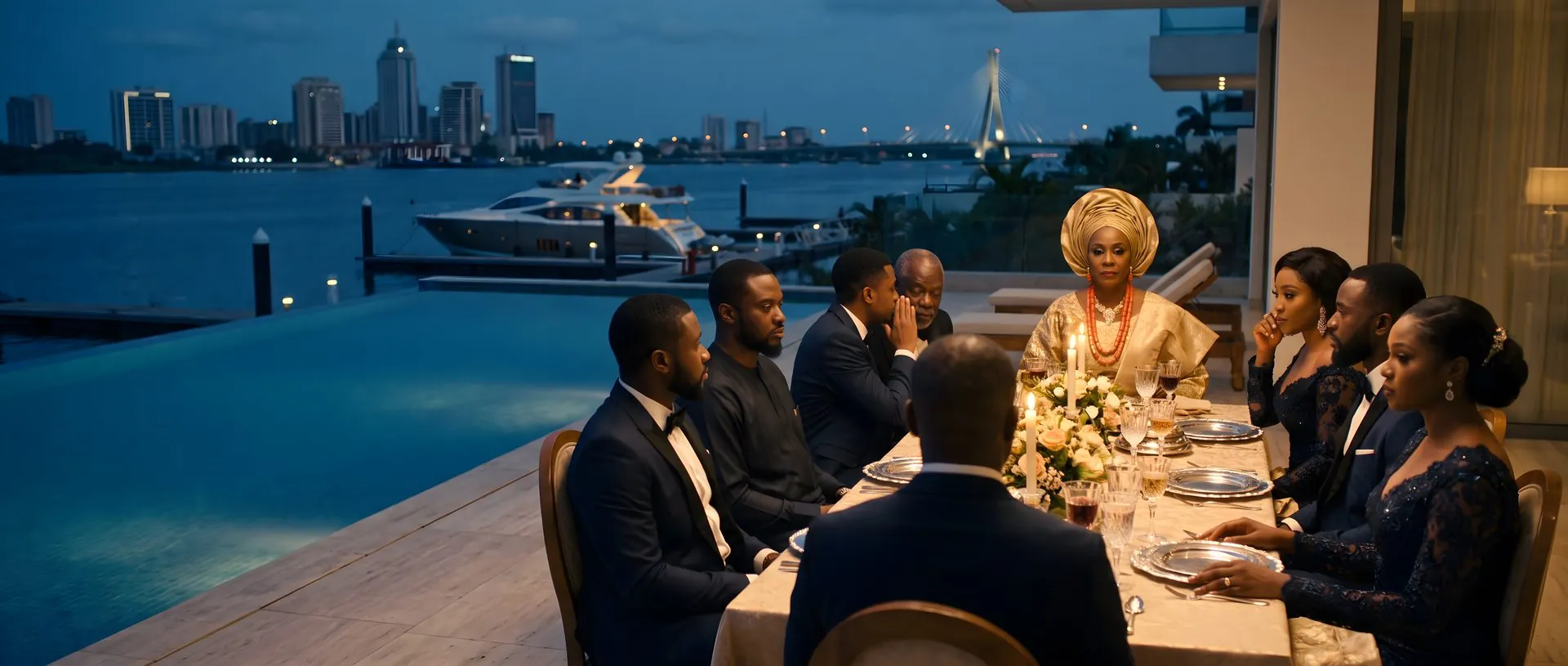 A family dinner on a waterfront terrace at dusk, a city skyline behind