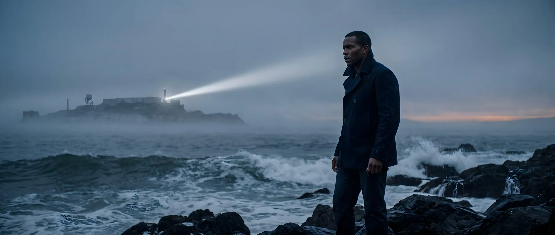 A man on wet rocks facing an island prison in a storm